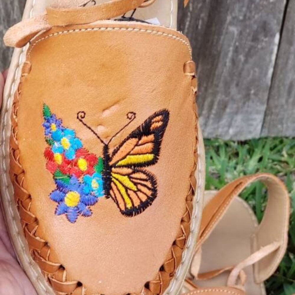 🦋 Embroidered Butterfly Leather Flats | Boho Artisan Lace-Up Shoes